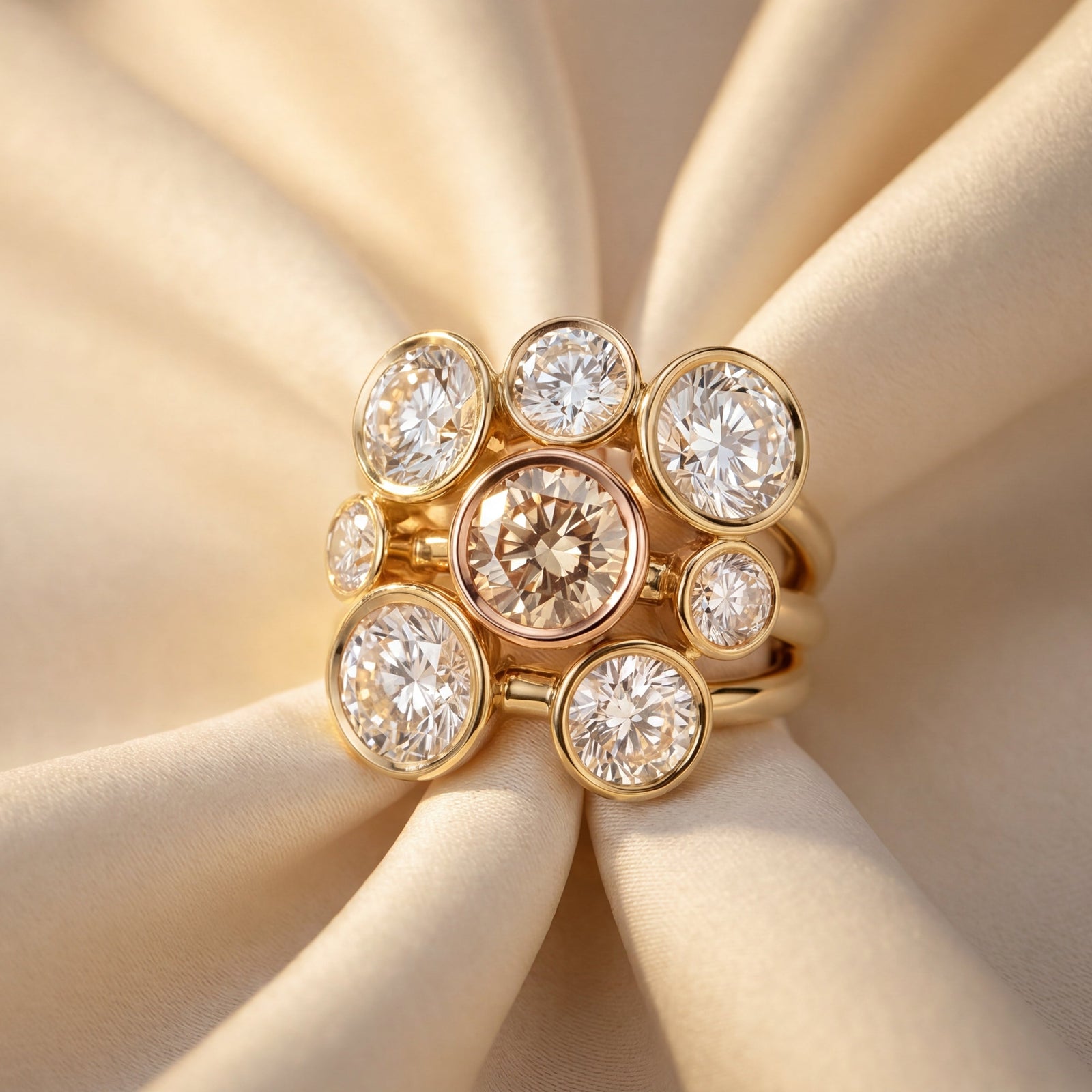 3 row Gold ring with round diamonds 