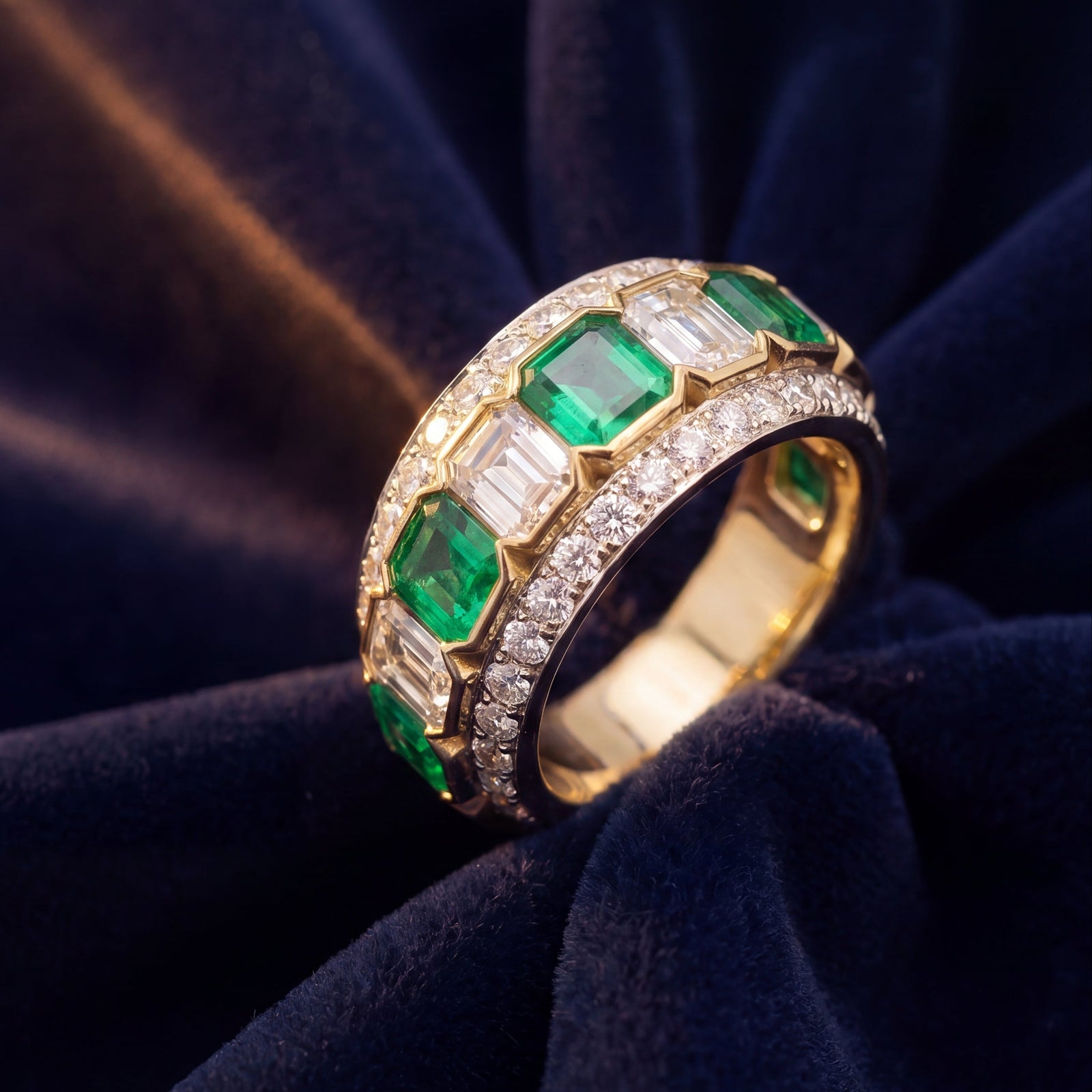 Bespoke Alternating Emerald and Diamond Wide Eternity Band