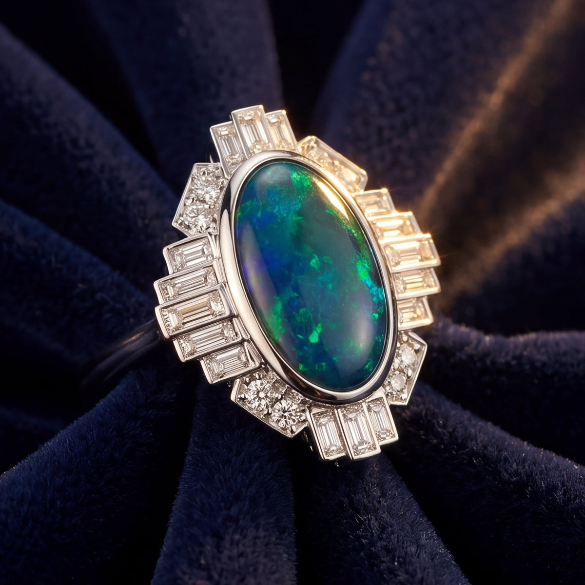 Bespoke Art Deco Black Opal &amp; Sunburst Diamond Halo Ring