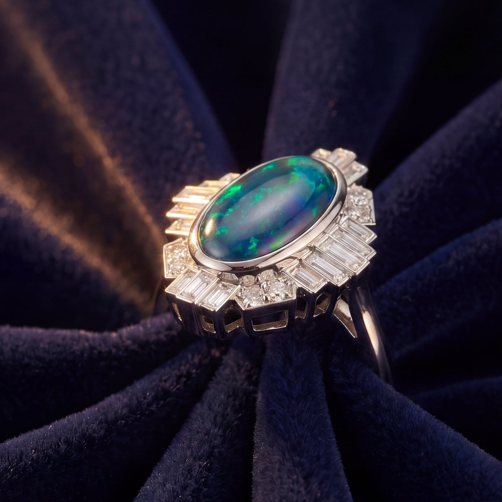Bespoke Art Deco Black Opal & Sunburst Diamond Halo Ring
