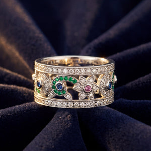 Multi-Gemstone Floral Filigree Diamond Wide Band Ring