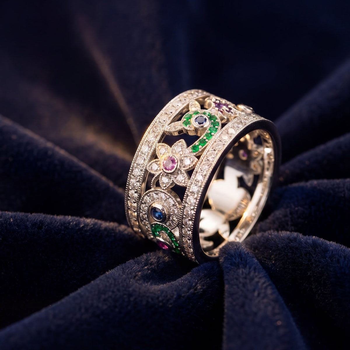 Bespoke_Multi-Gemstone_Floral_Filigree_Diamond_Wide_Band_Ring