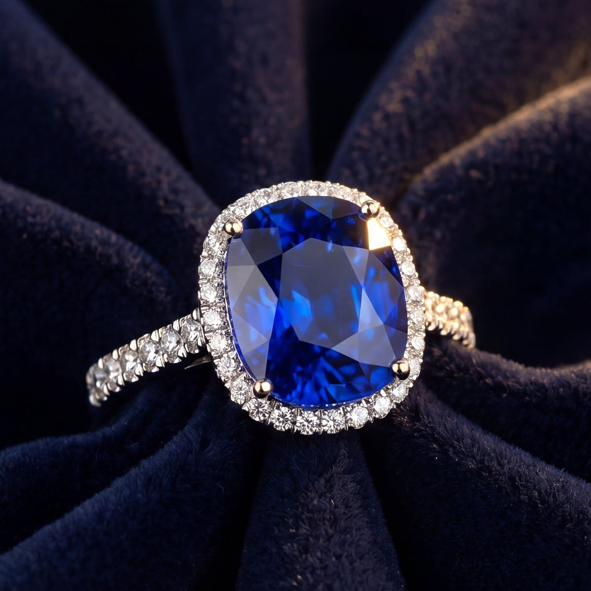Oval Blue Sapphire &amp; Diamond Halo Engagement Ring