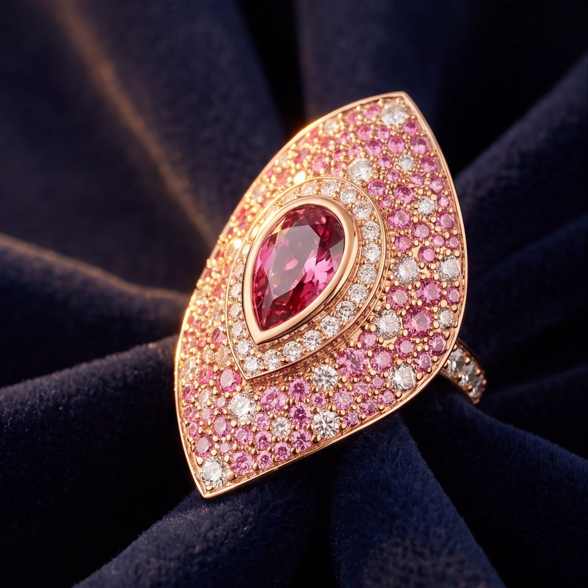 Bespoke Pear-Cut Pink Sapphire &amp; Ombré Pavé Shield Ring