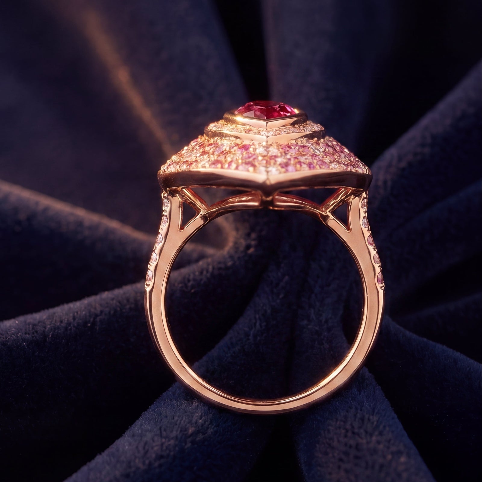 Bespoke Pear-Cut Pink Sapphire & Ombré Pavé Shield Ring