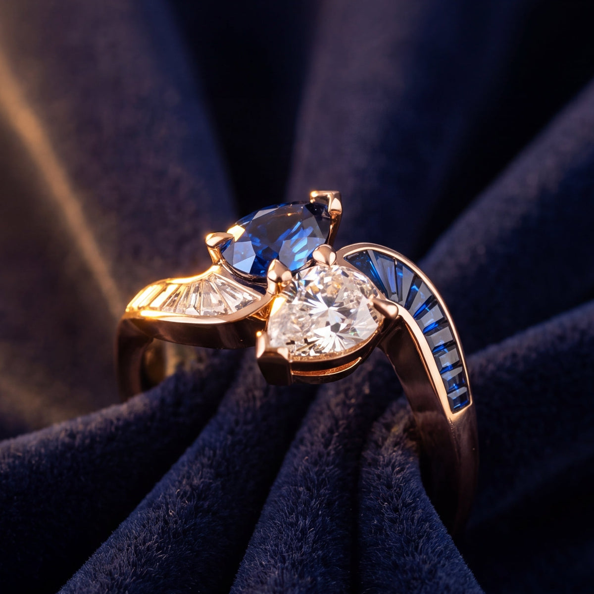 Bespoke Pear-Cut Sapphire &amp; Diamond Toi et Moi Rose Gold Ring