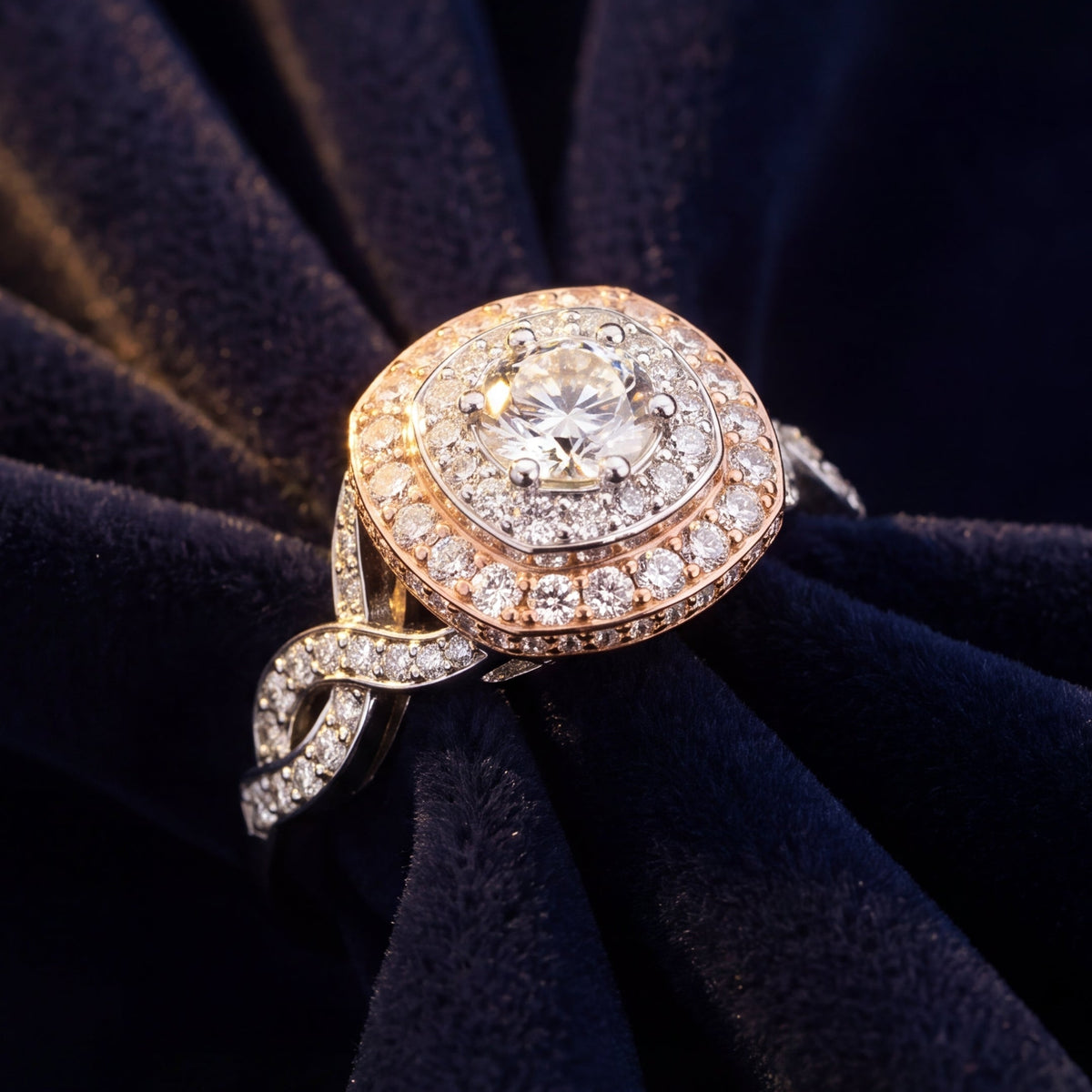 Round Brilliant Two-Tone Double Halo Diamond Ring with Twisted Infinity Pavé Band