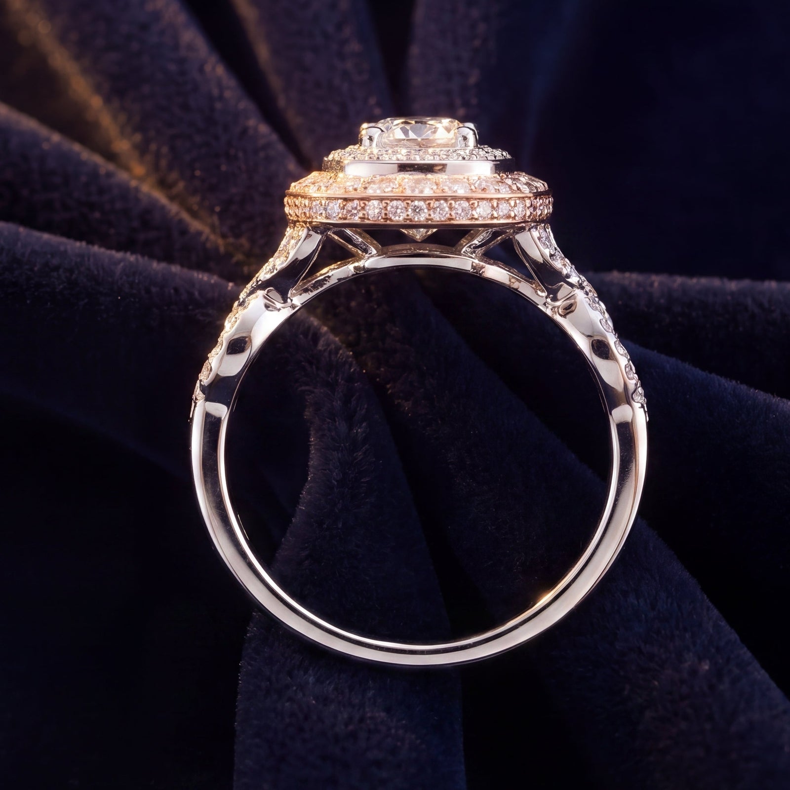 Round Brilliant Two-Tone Double Halo Diamond Ring with Twisted Infinity Pavé Band