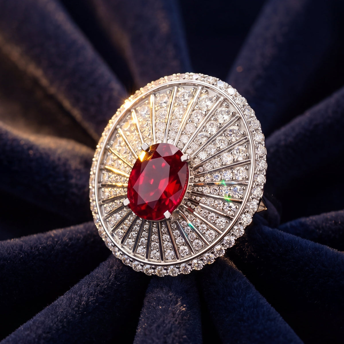 Imperial Ruby Sunburst Ring with diamonds