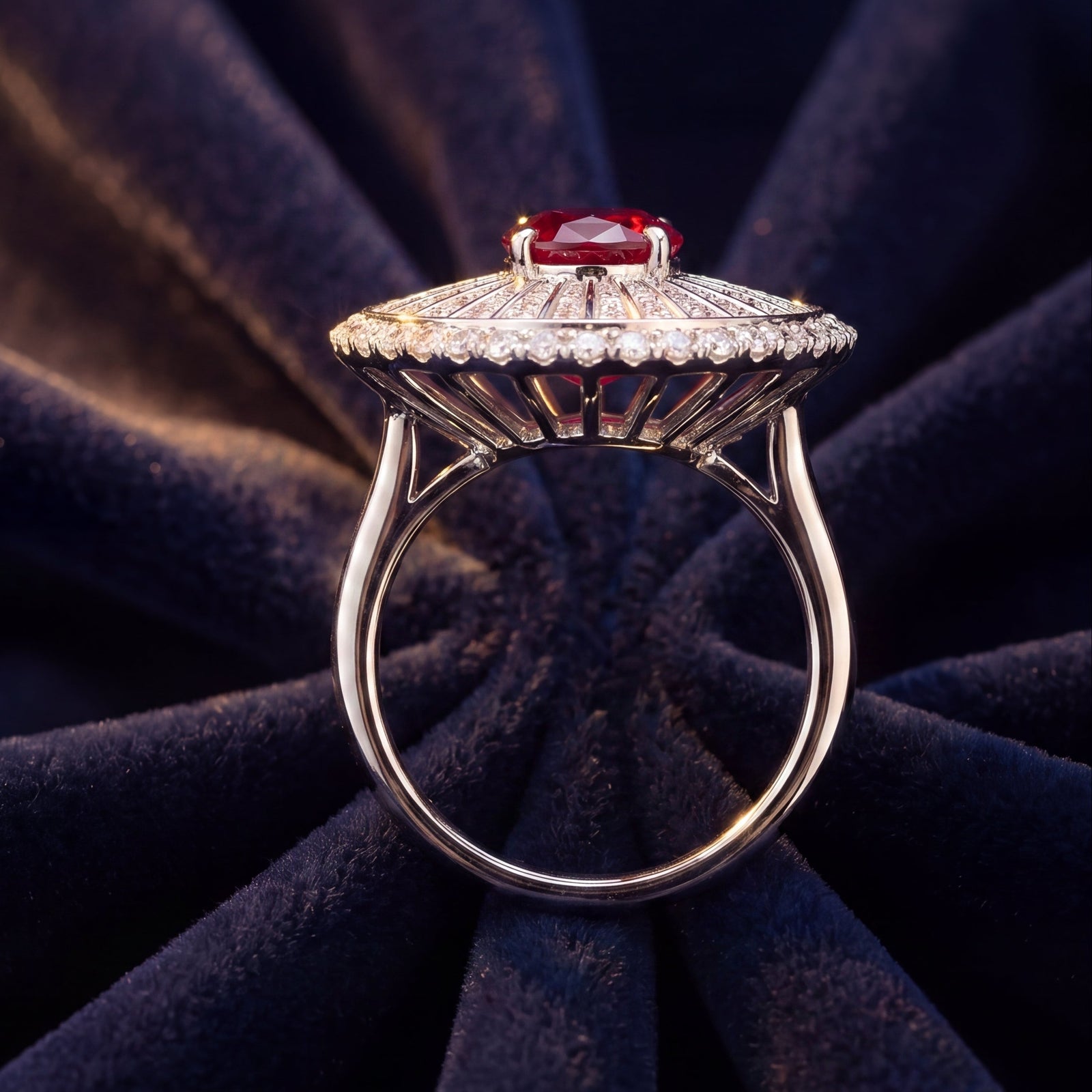 Imperial Ruby Sunburst Ring with diamonds