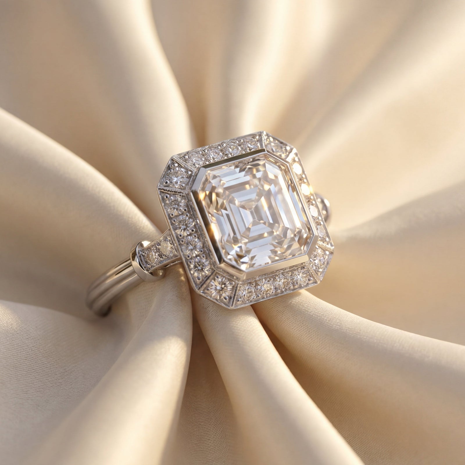 Diamond ring on a beige satin background
