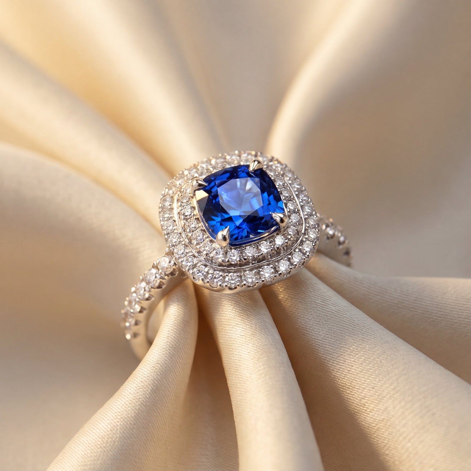 Double halo Elegant ring with a blue gemstone sapphire and diamonds on beige fabric
