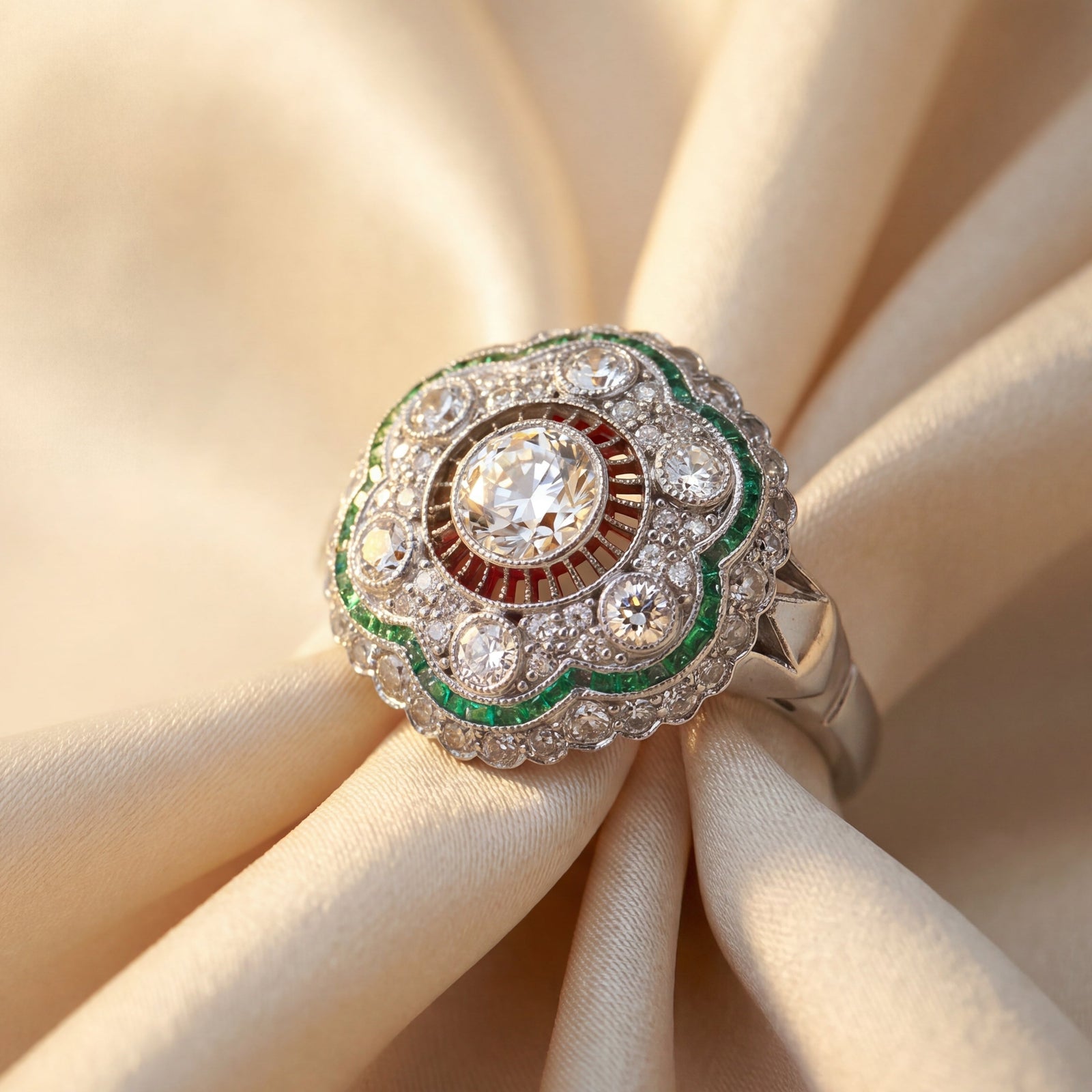 Elegant ring with diamonds and emeralds