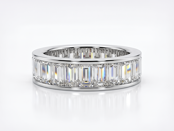 Bespoke eternity ring with channel-set baguette diamonds, made in Hatton Garden