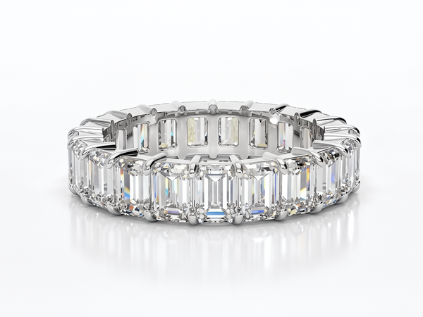 Bespoke eternity ring with claw-set baguette diamonds, made in Hatton Garden