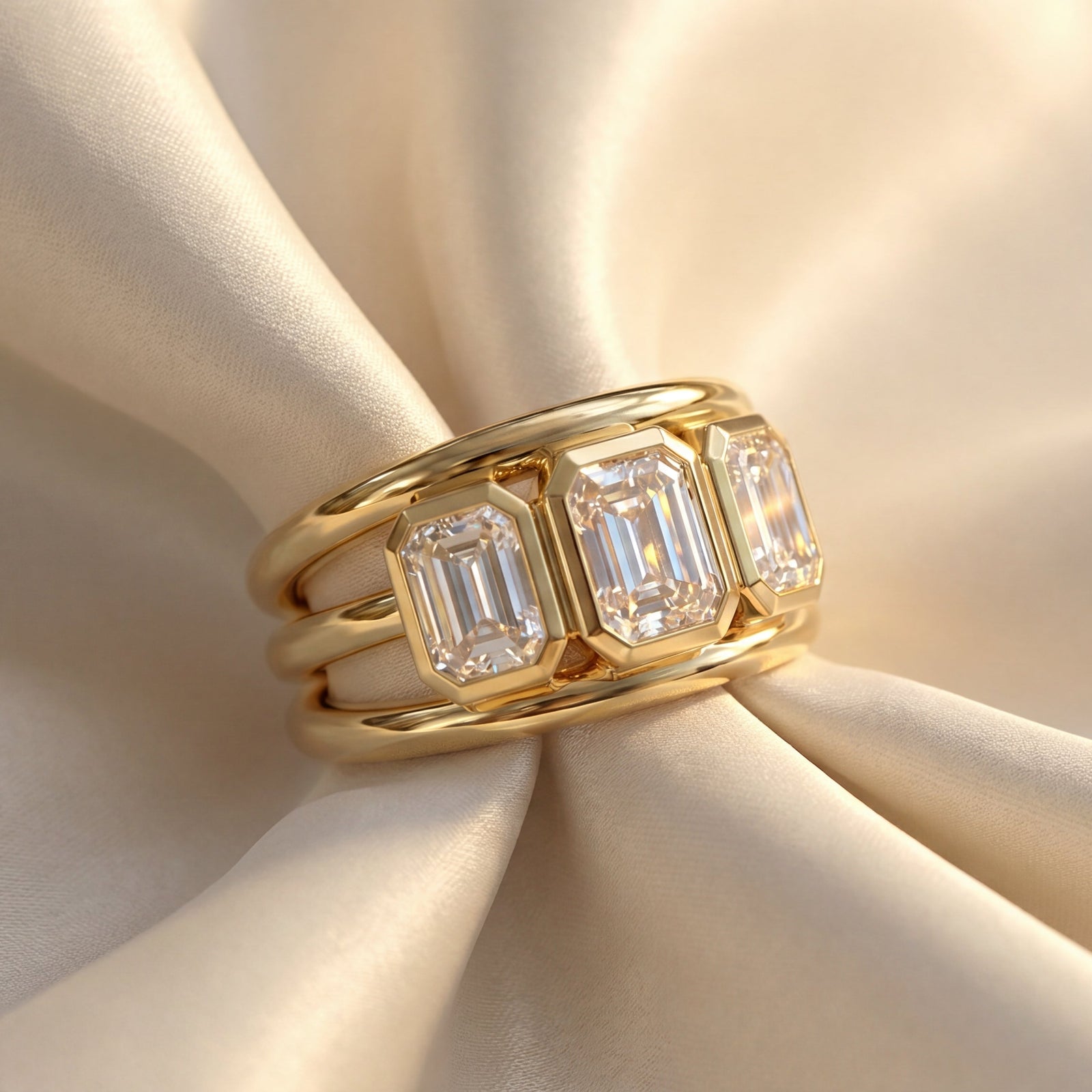 Gold ring with emerald-cut diamonds on a beige fabric background
