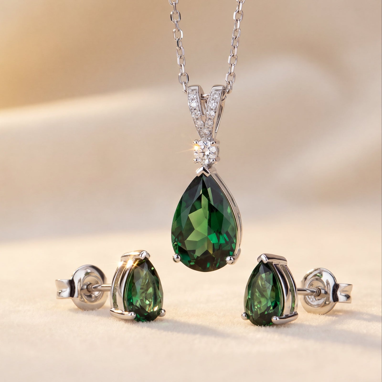 Green tourmaline gemstones jewelry set with necklace and earrings on a beige background