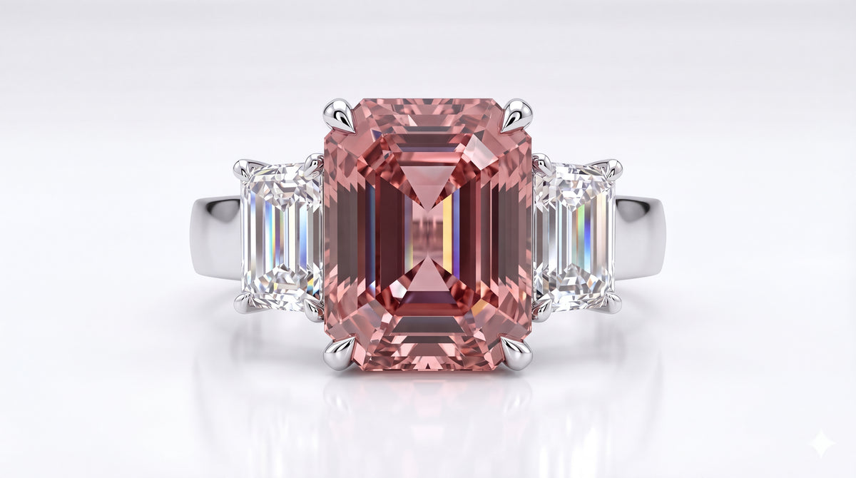 Bespoke emerald-cut morganite ring with baguette diamonds, made in Hatton Garden