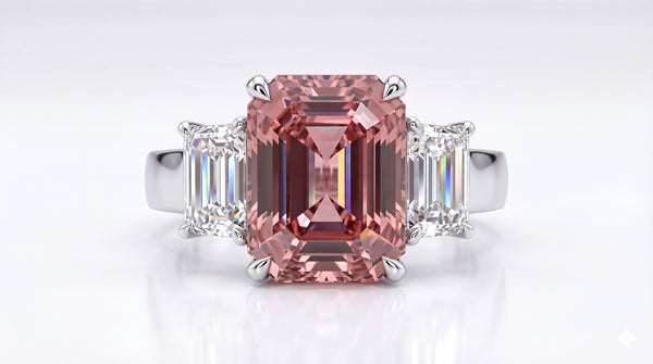 Bespoke emerald-cut morganite ring with baguette diamonds, made in Hatton Garden