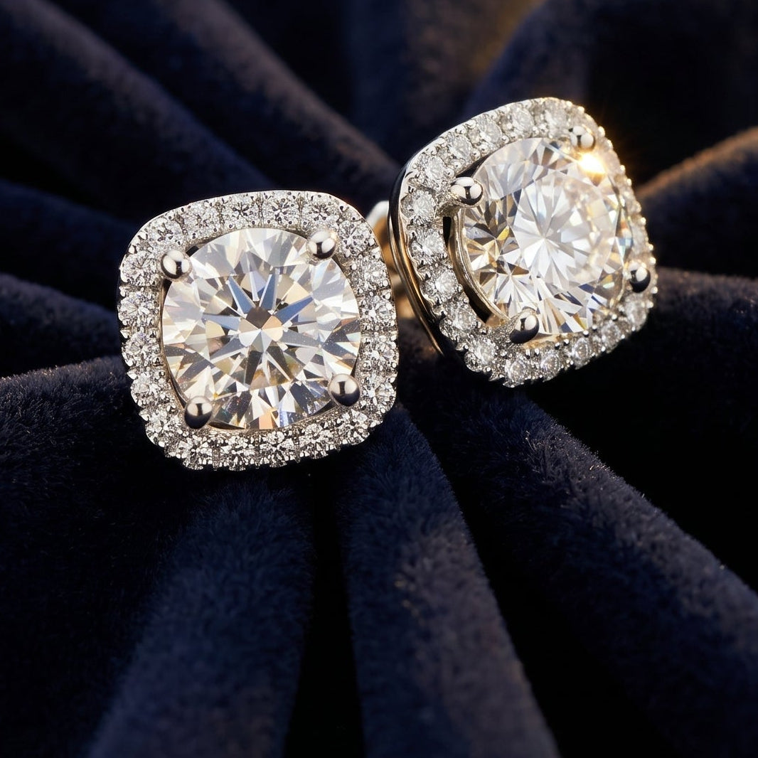 Pair of diamond earrings on a dark fabric background