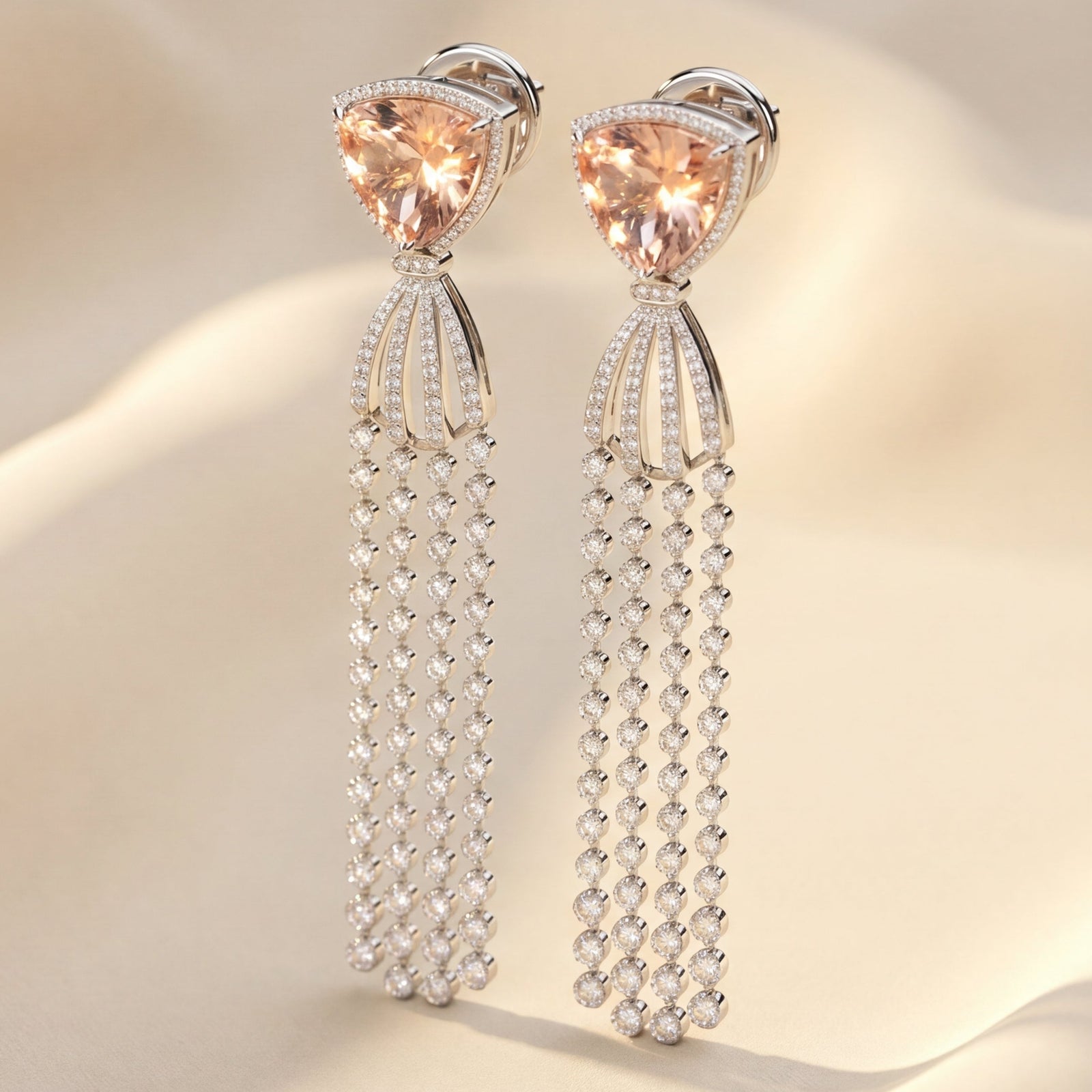 Pair of earrings with pink gemstones and dangling beads on a beige fabric background