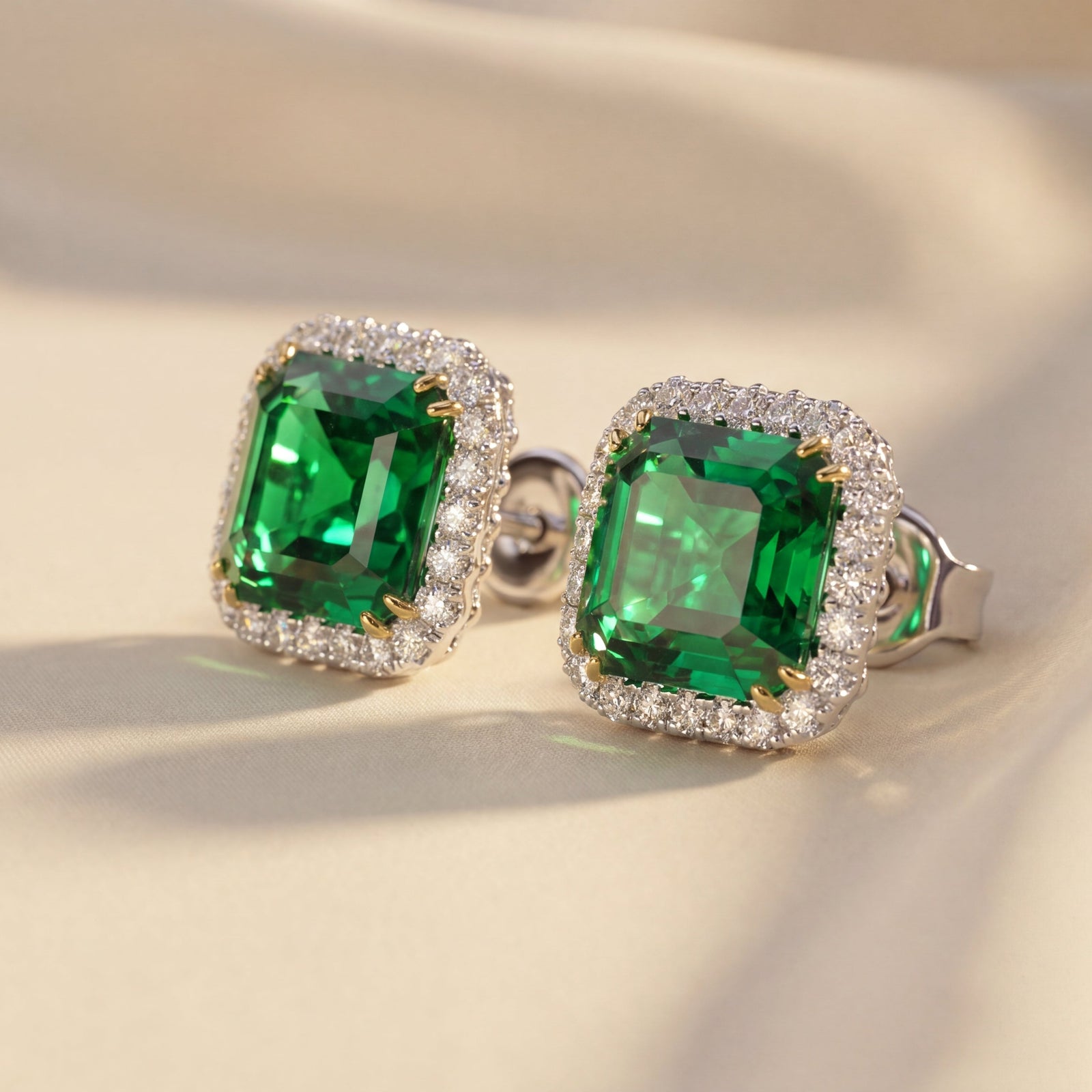 Pair of emerald green gemstone earrings on a beige fabric background