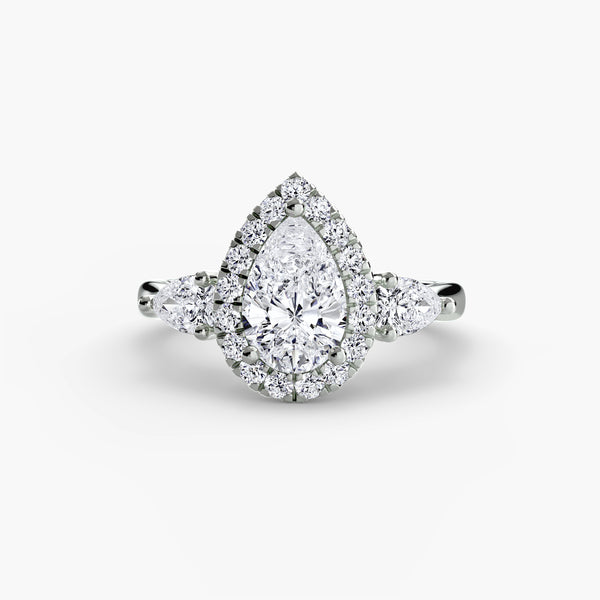 The Pear Halo Three-Stone, a made-to-order diamond engagement ring from Hatton Garden Bespoke Jewellery