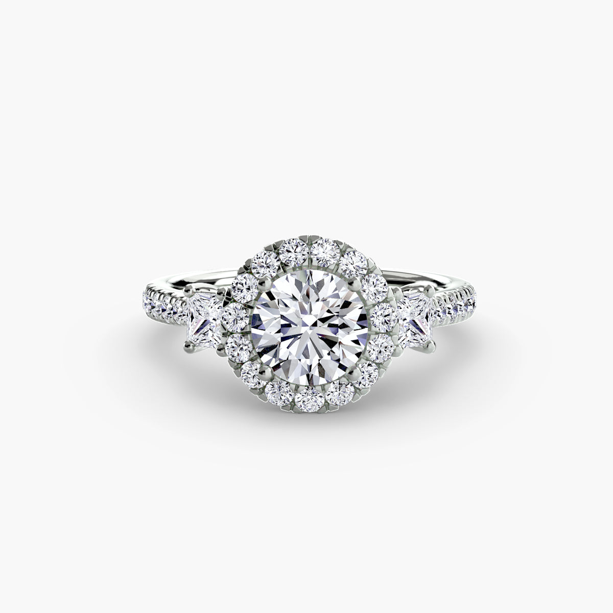Three-stone ring with halo 2 - elegant engagement ring featuring a central diamond flanked by two side stones, surrounded by a sparkling halo