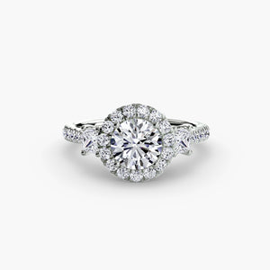 Three-stone ring with halo 2 - elegant engagement ring featuring a central diamond flanked by two side stones, surrounded by a sparkling halo