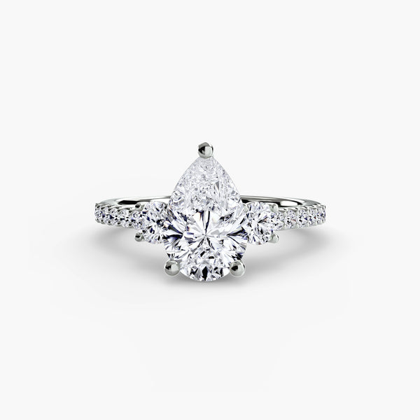 The Pear Three-Stone with Pavé Band, a made-to-order diamond engagement ring from Hatton Garden Bespoke Jewellery