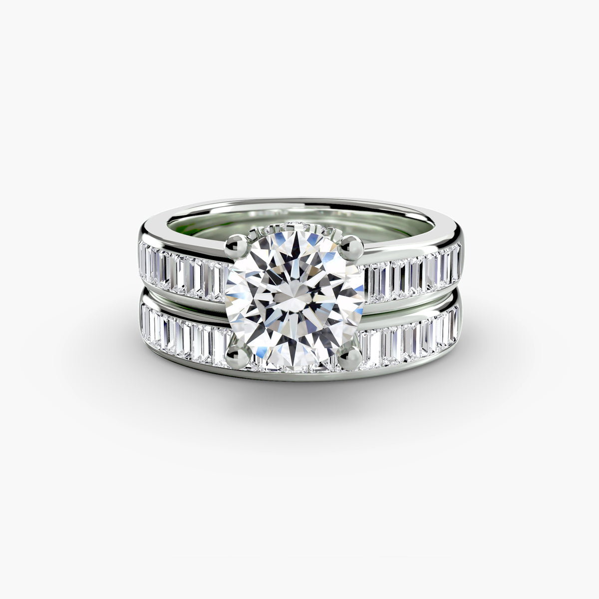 Baguette channel solitaire - elegant engagement ring featuring a central diamond with baguette diamonds set in a channel on the band