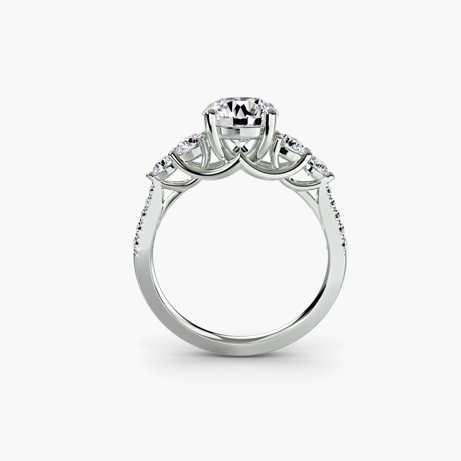 Five stone ring with pavé band - timeless engagement ring featuring five diamonds with pavé diamond detailing on the band