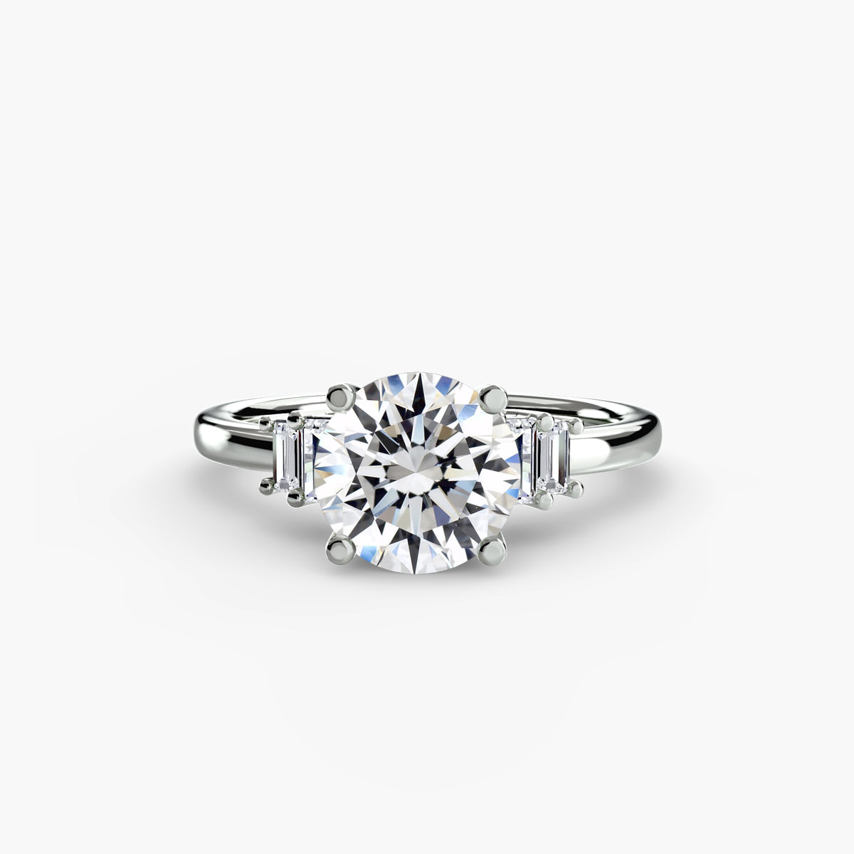 “Baguette accent solitaire - classic engagement ring featuring a central diamond with elegant baguette diamond accents on the band