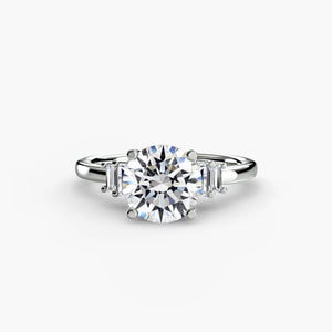 “Baguette accent solitaire - classic engagement ring featuring a central diamond with elegant baguette diamond accents on the band