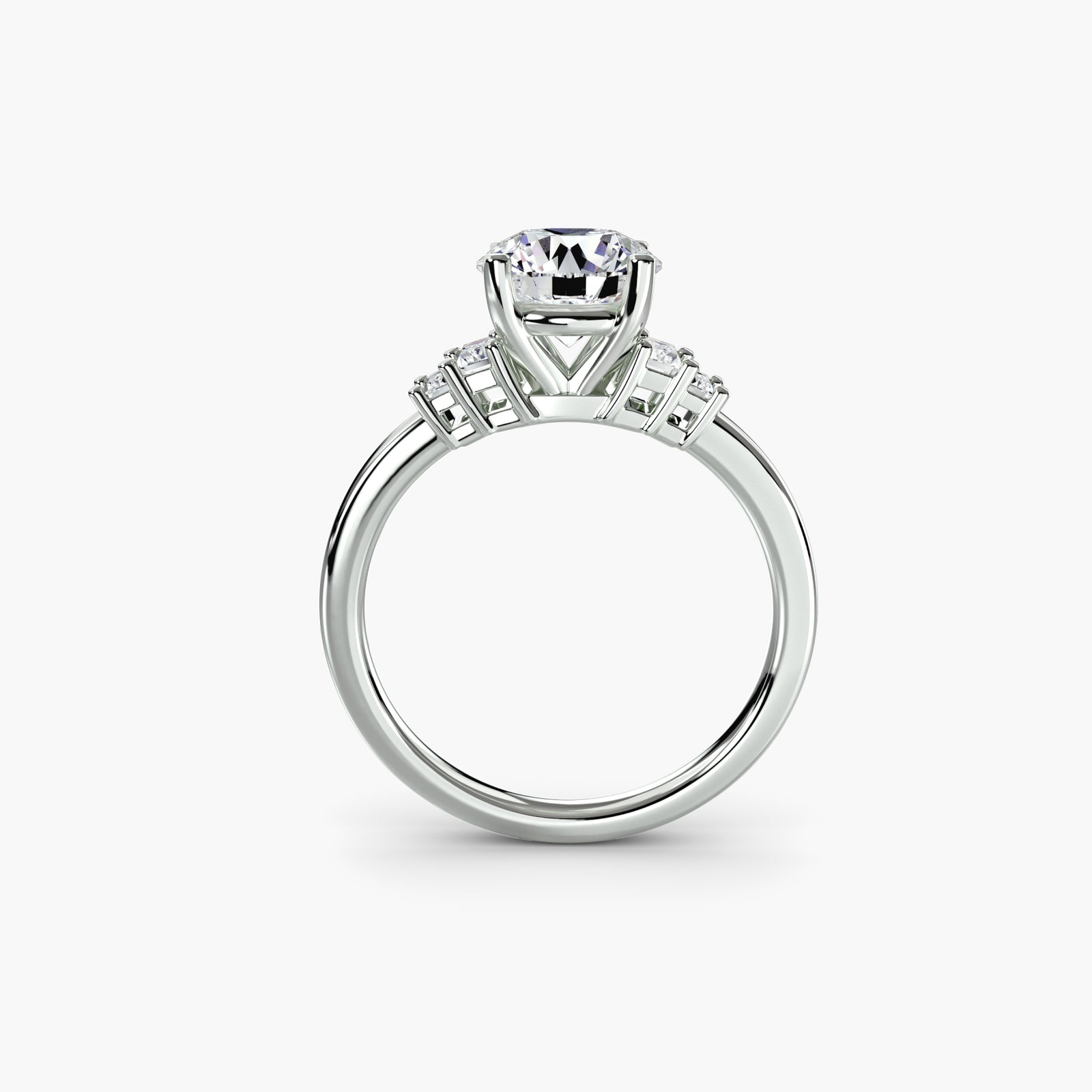 “Baguette accent solitaire - classic engagement ring featuring a central diamond with elegant baguette diamond accents on the band