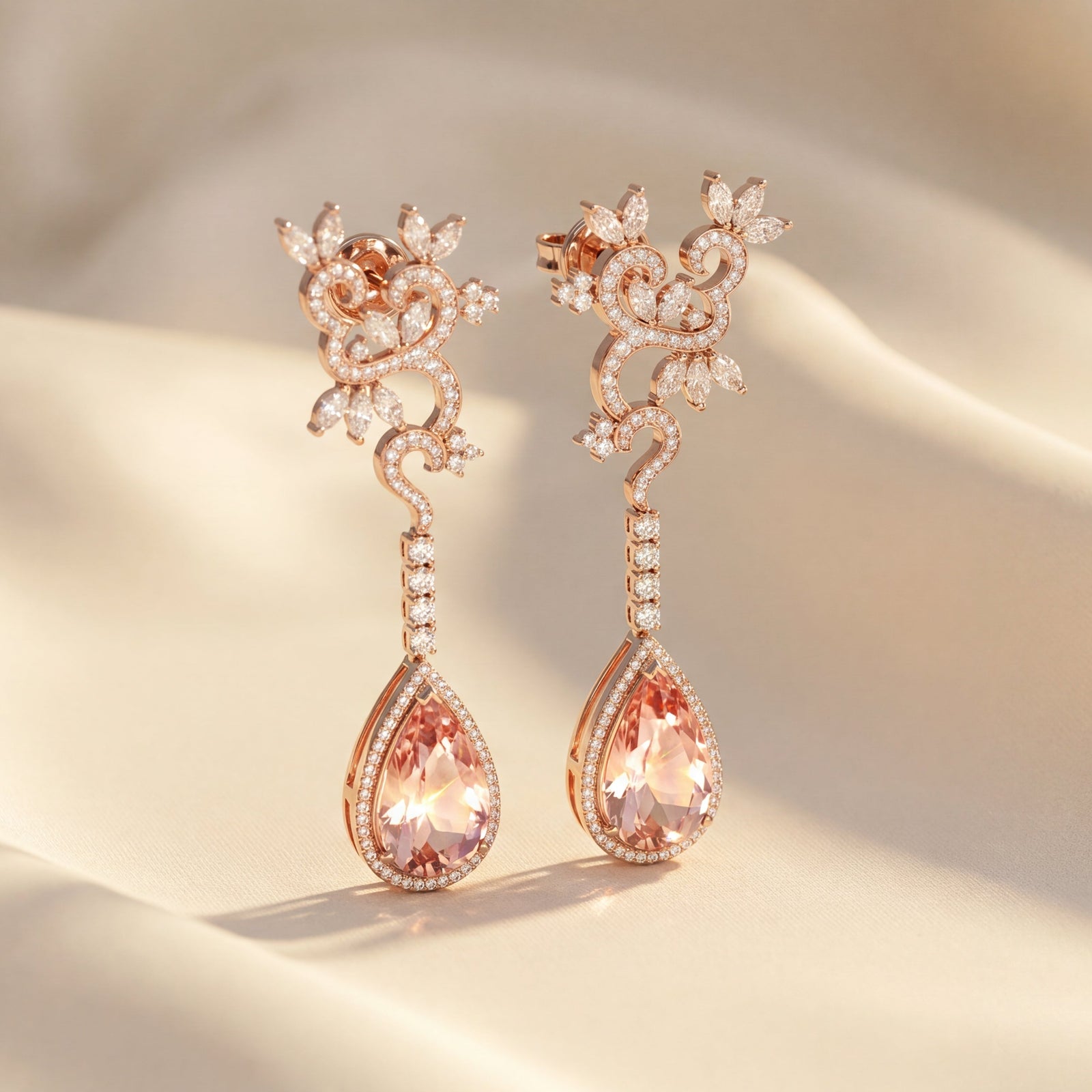Rose gold earrings with teardrop-shaped gemstones on a beige fabric background