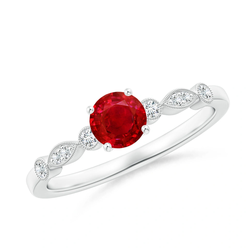 Round ruby in white metal, shoulders of round diamonds and marquise shaped panels with beaded edges