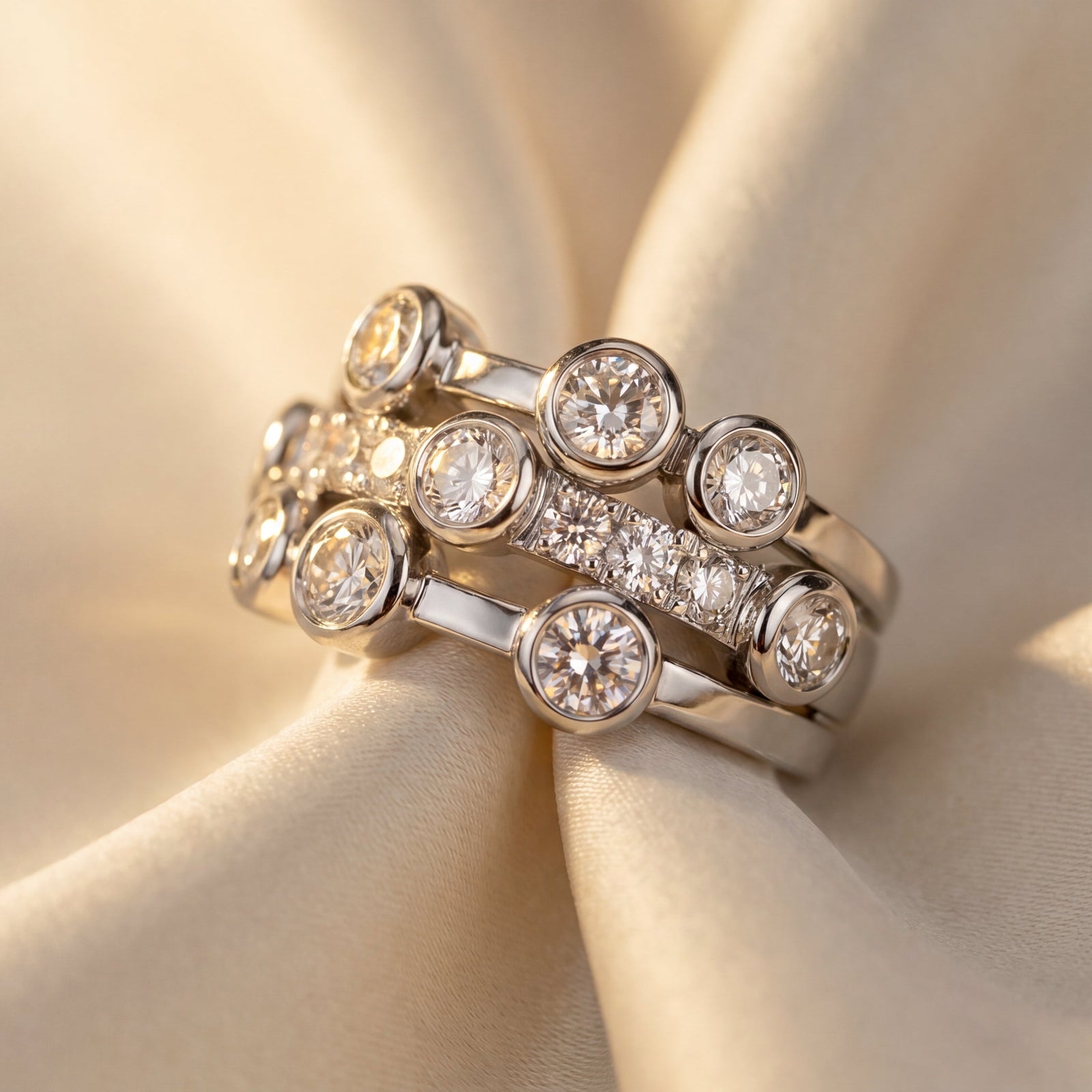Three row diamond ring with round brilliant cut diamonds