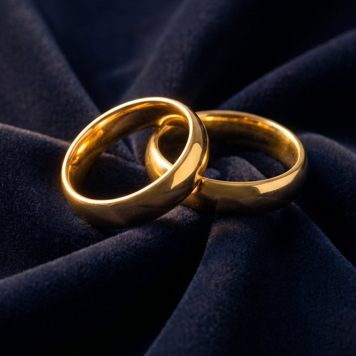 Two gold rings on a dark blue fabric background