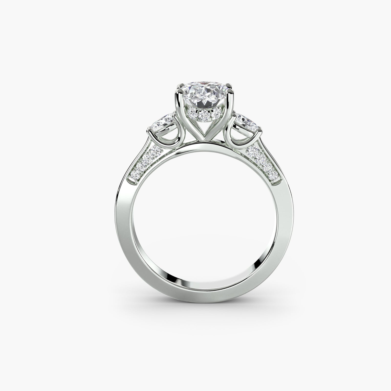 Three stone ring with pavé shoulders - timeless engagement ring with side diamonds and pavé detailing on the band
