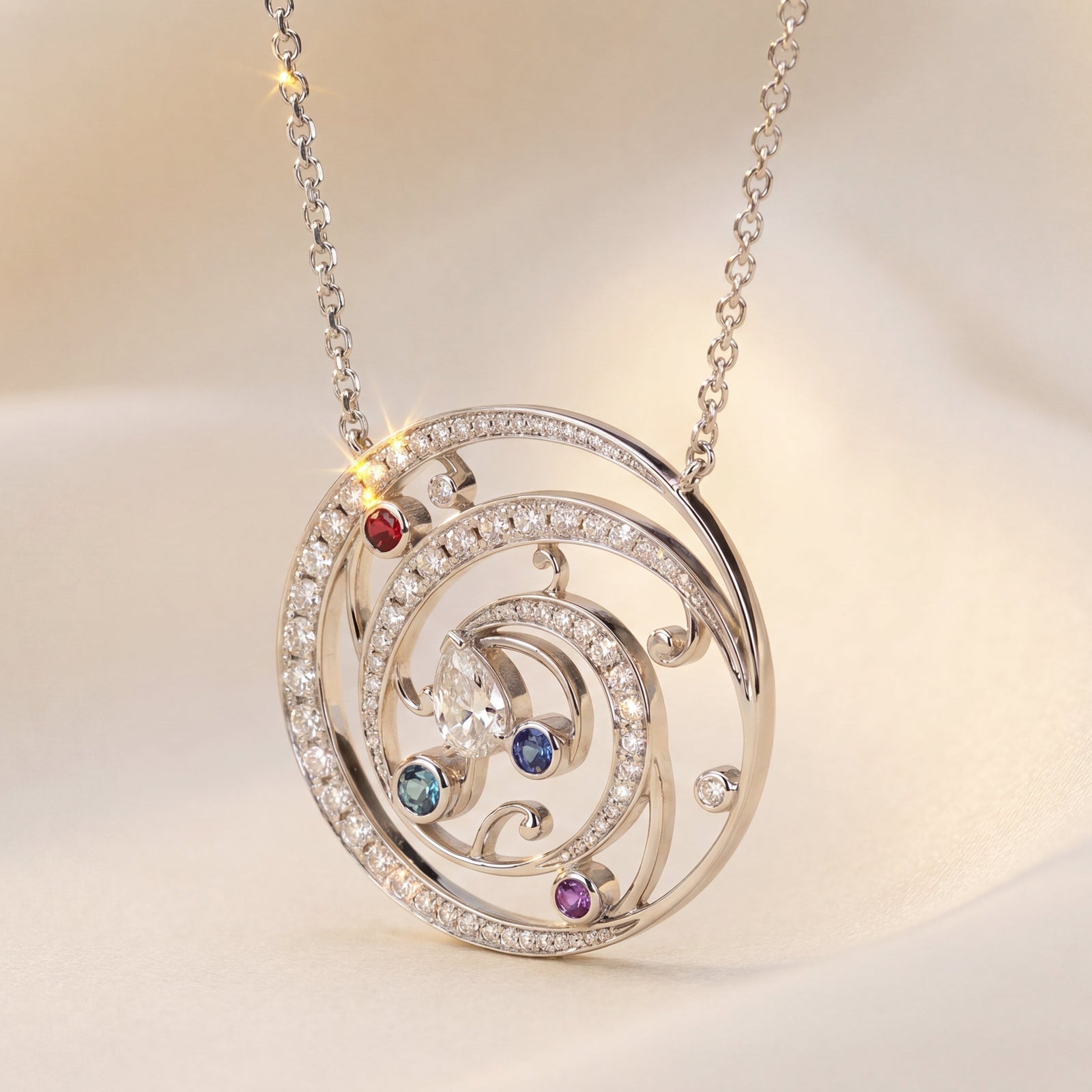 White gold necklace with a circular pendant featuring colorful gemstones on a soft beige background