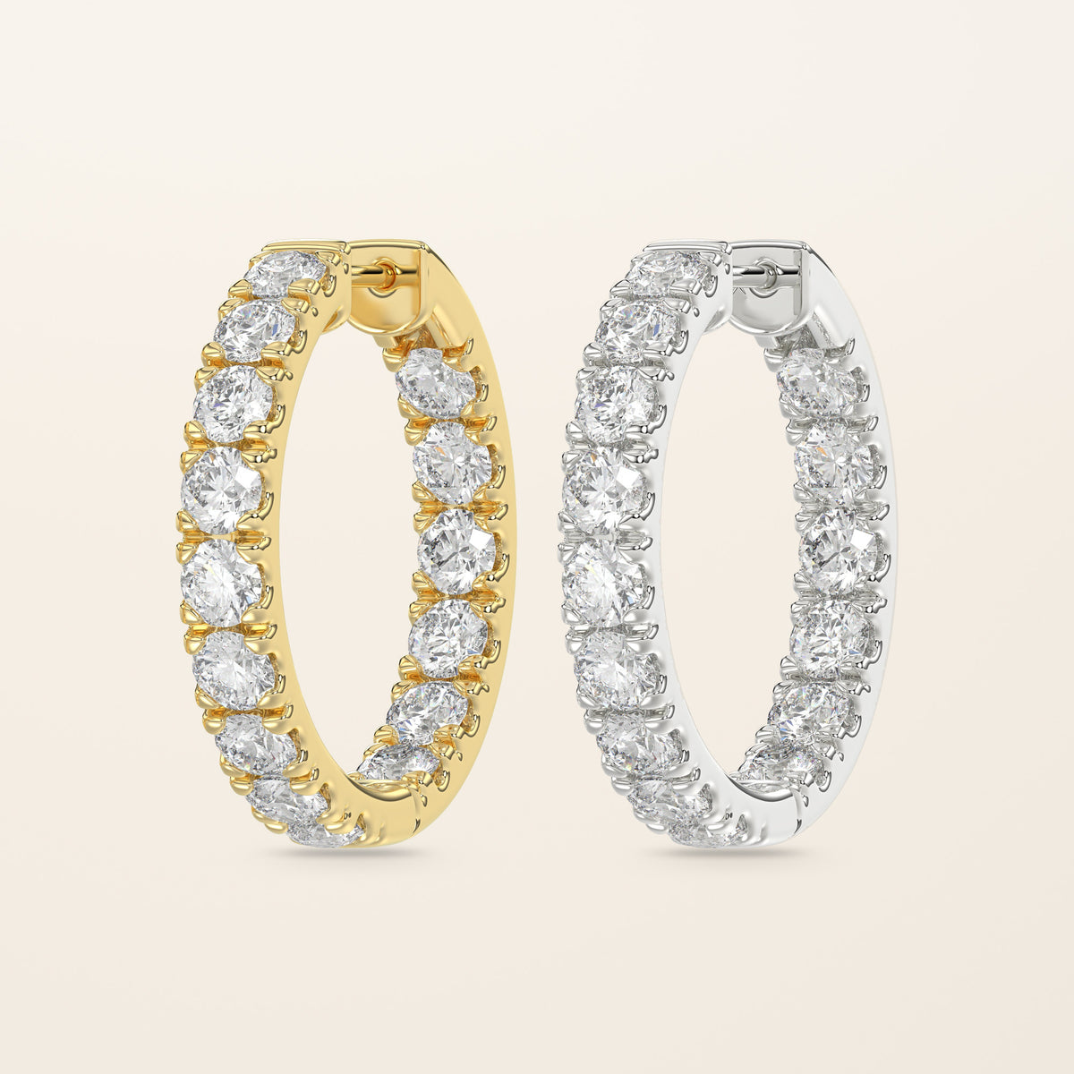Inside-out laboratory-grown diamond hoops in yellow and white, side by side