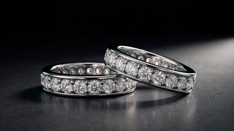 Pair of grain-set diamond eternity rings on a dark studio surface