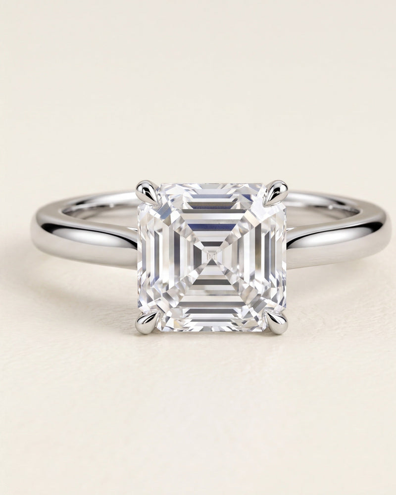 Asscher cut diamond solitaire engagement ring in platinum