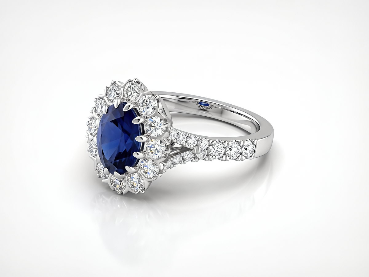 Bespoke sapphire and diamond cluster ring, made in Hatton Garden