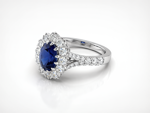 Bespoke sapphire and diamond cluster ring, made in Hatton Garden